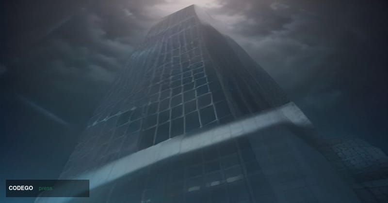 A cinematic editorial photograph taken from a low angle looking upward at two imposing glass-and-steel bank headquarters faca