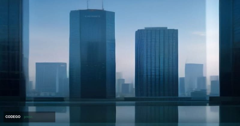 A cinematic editorial photograph shot at ground level looking upward at a sleek modern glass-and-steel financial district tow