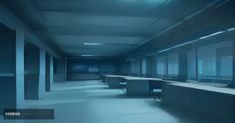 A cavernous, high-ceilinged banking operations floor photographed from a low wide angle at dusk, bathed in cool blue ambient 