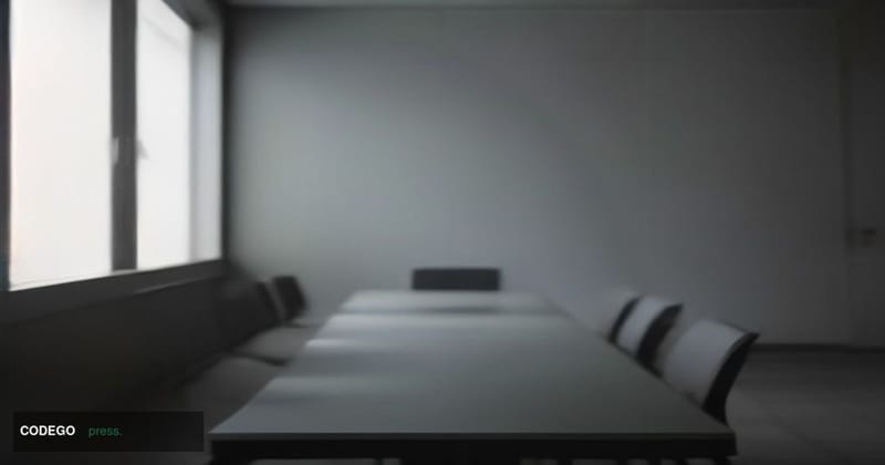 A cinematic editorial photograph inside a minimalist modern bank branch meeting room, shot from a low angle looking up at a l