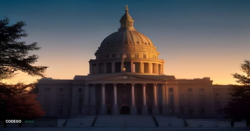 A sweeping photorealistic cinematic editorial photograph of Wyoming's state capitol building in Cheyenne at golden hour, its 