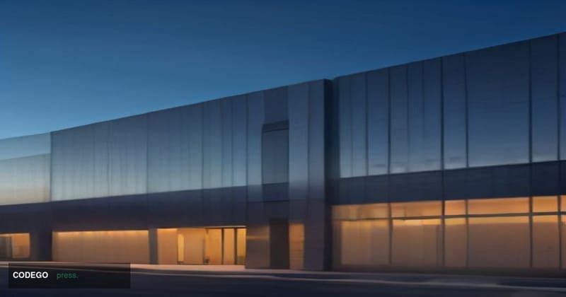 A cinematic editorial photograph of a sleek, modern Silicon Valley-style corporate campus exterior at dusk, featuring a vast 