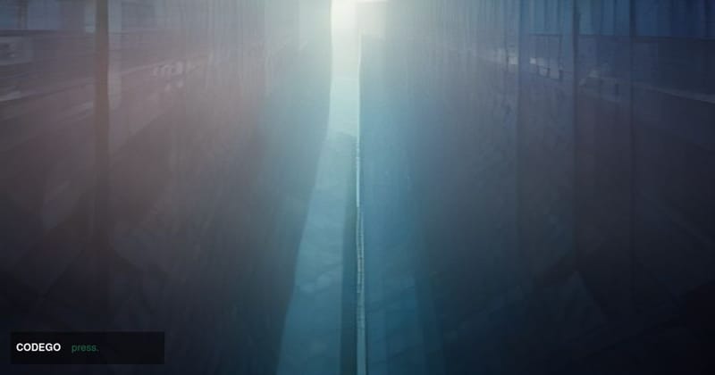 A cinematic editorial photograph shot from a low angle looking up at a sleek European fintech office building with a glass-an