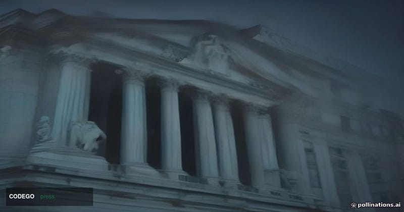 A dramatic wide-angle photorealistic editorial photograph shot from ground level looking up at the neoclassical stone facade 