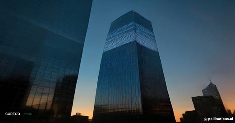 A sweeping exterior shot of a grand midtown Manhattan corporate glass tower at dusk, the kind of iconic American financial-di