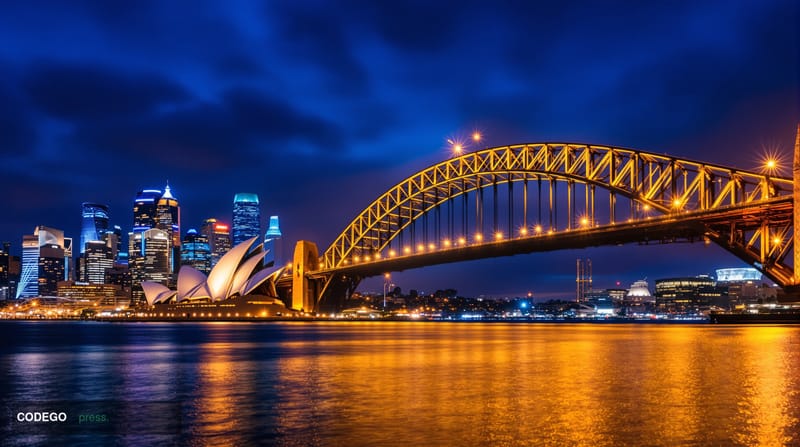 A sweeping wide-angle shot of the Sydney Harbour Bridge and Opera House at dusk, viewed from a low waterfront vantage point, 