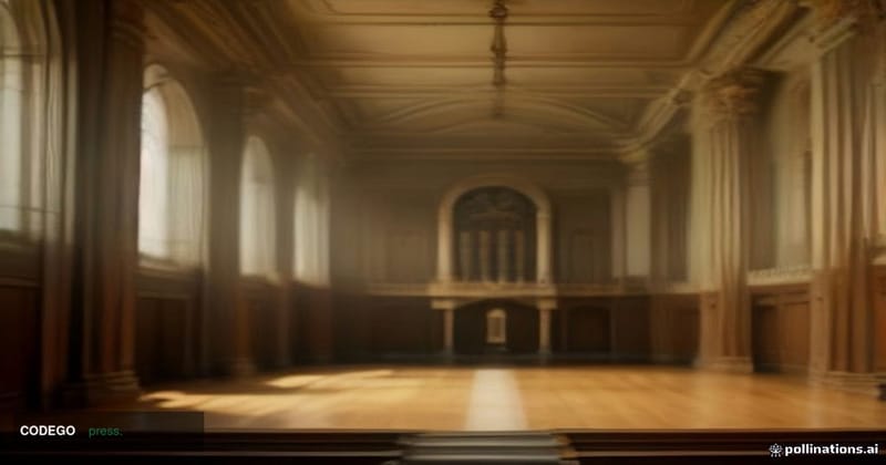 A cinematic editorial photograph set inside a grand, high-ceilinged Dublin institutional chamber — modeled on the neoclassica