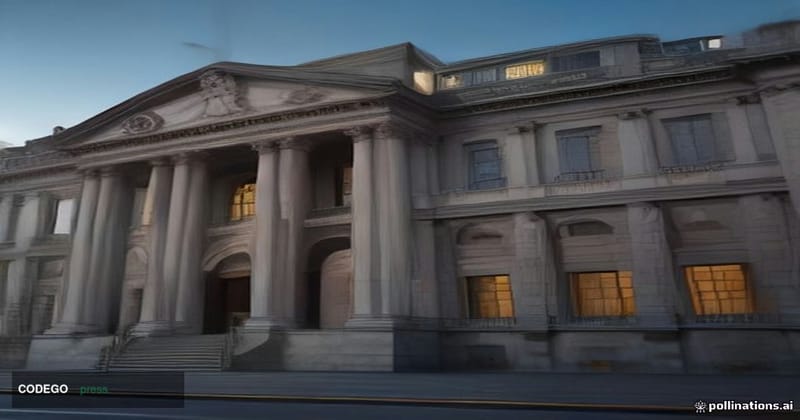 A photorealistic cinematic editorial photograph of the Bank of England's iconic neoclassical stone headquarters on Threadneed
