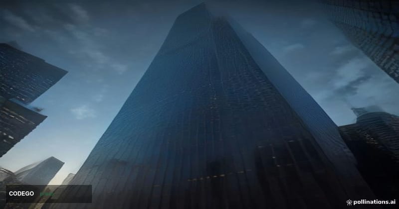 A cinematic editorial photograph shot from a low angle looking up at the towering glass facade of a major financial district 