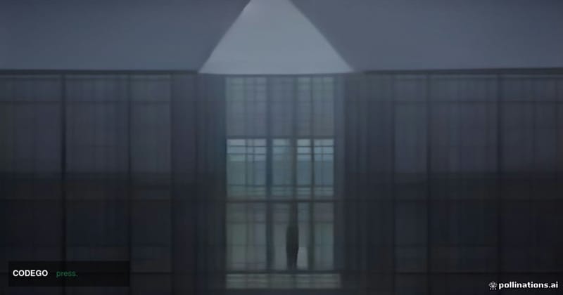 A cinematic editorial photograph shot from a low angle looking up at the imposing glass-and-steel facade of a traditional Eur