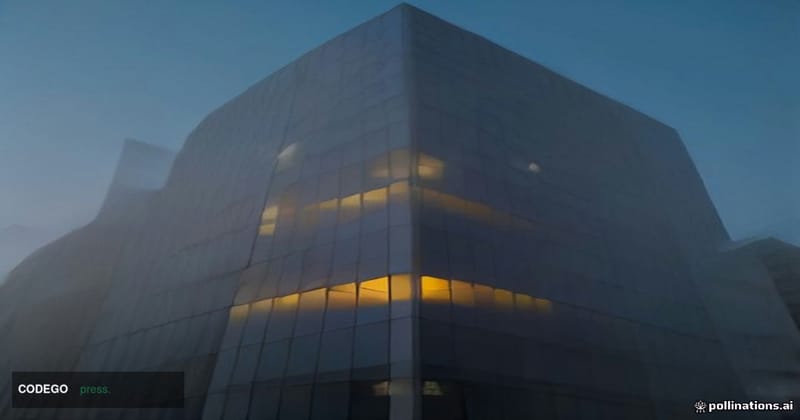 A cinematic editorial photograph shot at a low angle looking up at a modern glass-and-steel corporate office tower in Silicon