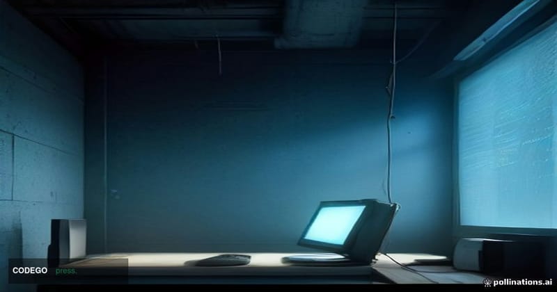 A cinematic editorial photograph of a dimly lit developer workstation in a high-security server environment, shot from a low 