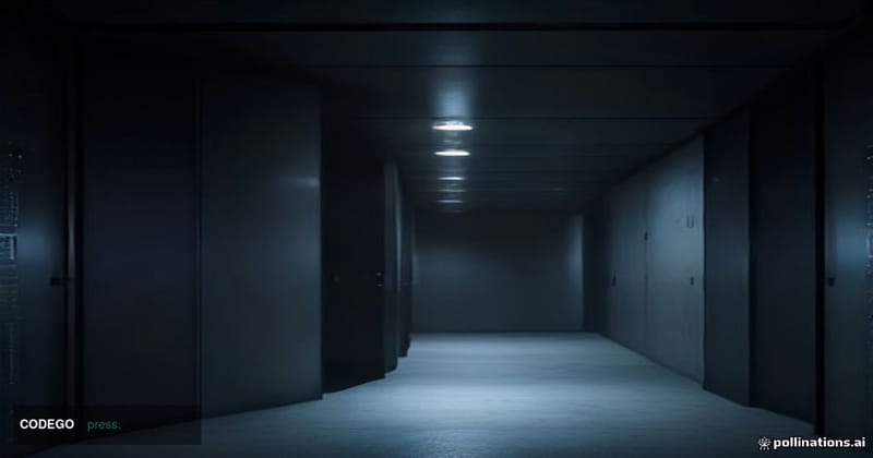 A dramatic cinematic editorial photograph of a massive fortified digital vault door partially breached, set inside a sleek da