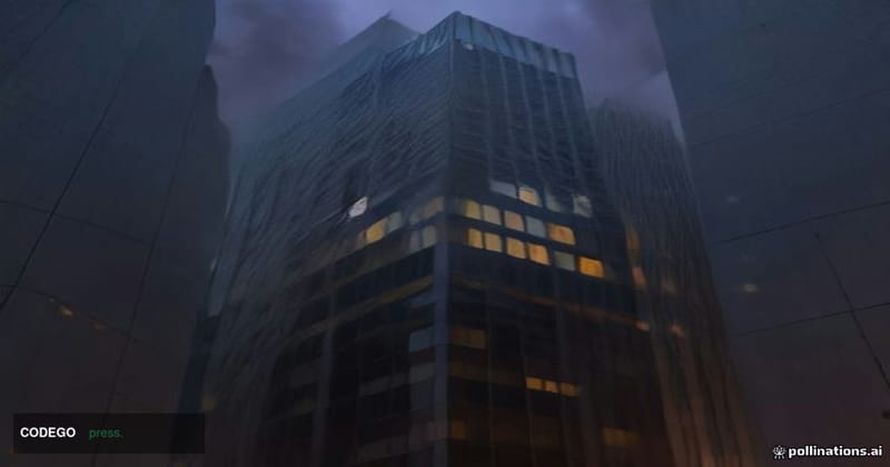 A cinematic editorial photograph shot at ground level looking upward at a modernist glass-and-steel financial district buildi