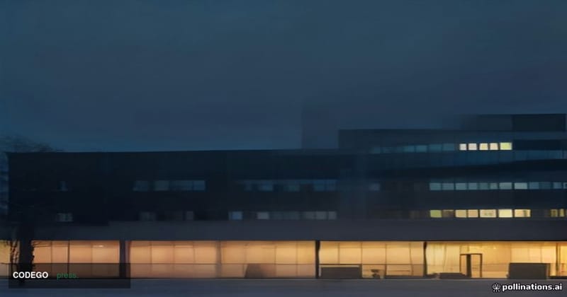 A cinematic photorealistic editorial photograph depicting the exterior of a large modern East Asian financial technology camp