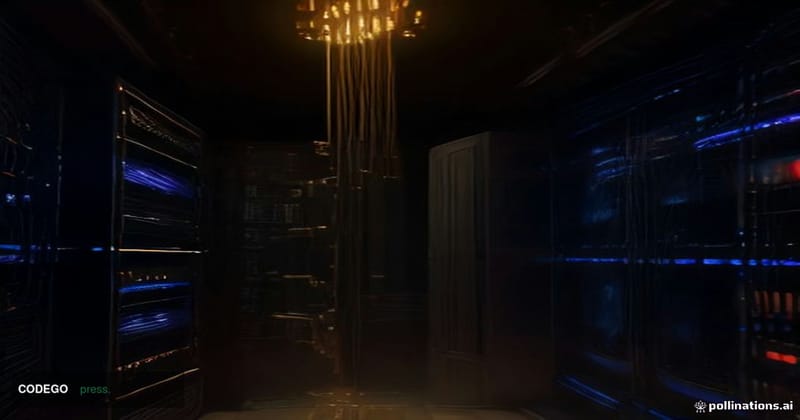 A dramatic cinematic close-up of a physical server rack interior bathed in cold blue and amber chiaroscuro lighting, shot fro