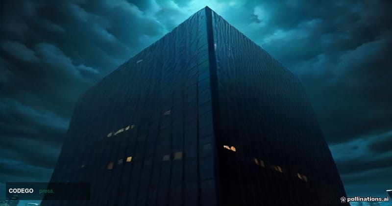 A dramatic cinematic editorial photograph of a towering glass-and-steel corporate headquarters building at night, set against