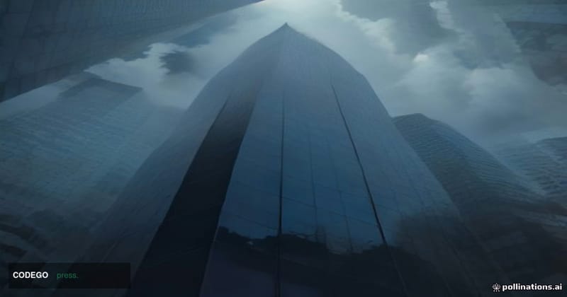 A dramatic cinematic editorial photograph shot from a low angle looking up at a sleek, glass-and-steel Asian financial distri