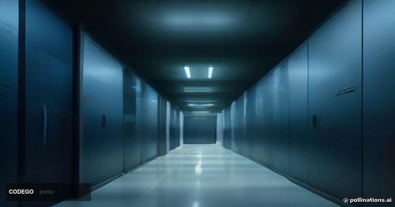 A dramatic cinematic editorial photograph of a massive modern glass-and-steel cryptocurrency exchange data center corridor at