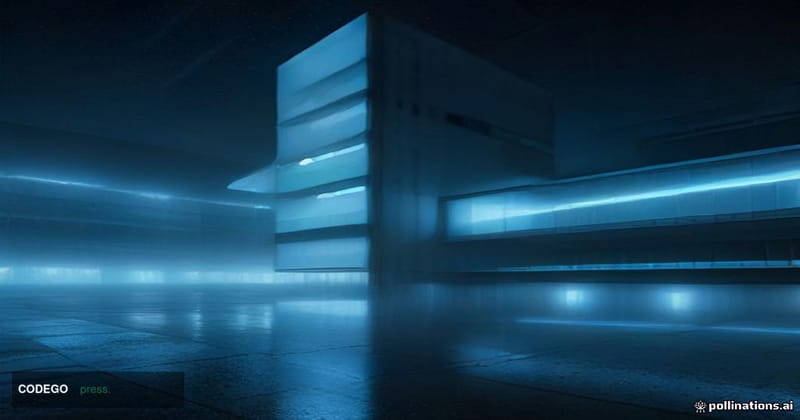 A cinematic editorial photograph of a massive brutalist-style financial data center campus at night, shot from a low wide-ang