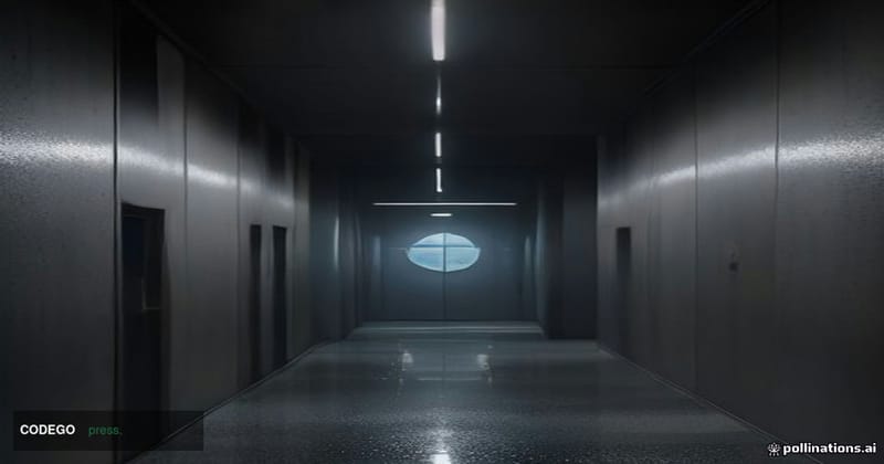 A cinematic editorial photograph of a towering glass-and-steel financial data center corridor at night, shot from a low angle