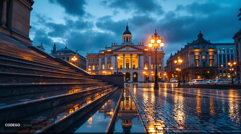 A dramatic cinematic editorial photograph of Vienna's financial district at dusk, featuring the classical stone and glass arc