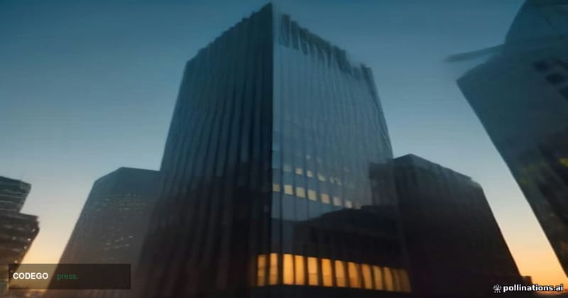 A dramatic low-angle exterior shot of a classic American federal financial regulatory building at dusk, its imposing stone co