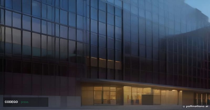A cinematic editorial photograph of a grand, modernist North American bank headquarters exterior at dusk, the glass-and-steel