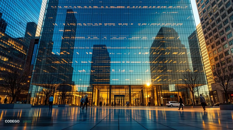 A cinematic editorial photograph of a grand, imposing glass-and-steel financial institution headquarters in lower Manhattan, 