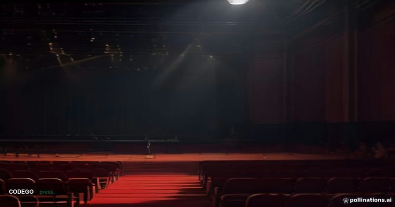 A cinematic editorial photograph set in a grand formal conference hall in Manila, Philippines, with warm amber stage lighting
