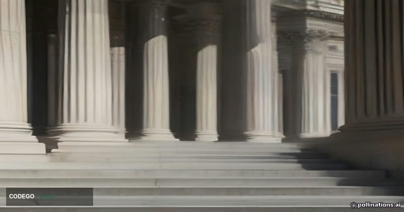 A cinematic photorealistic editorial photograph shot at ground level looking up at the imposing neoclassical granite facade o