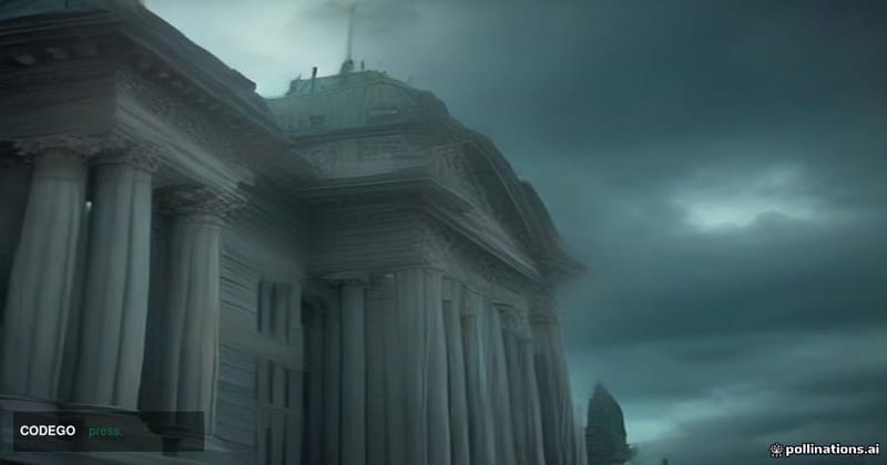 A photorealistic cinematic editorial photograph shot from a low angle looking up at the neoclassical stone facade of a grand 