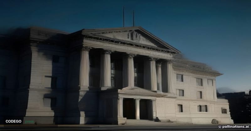 A cinematic editorial photograph of a grand neoclassical Canadian government financial institution building — modelled on the