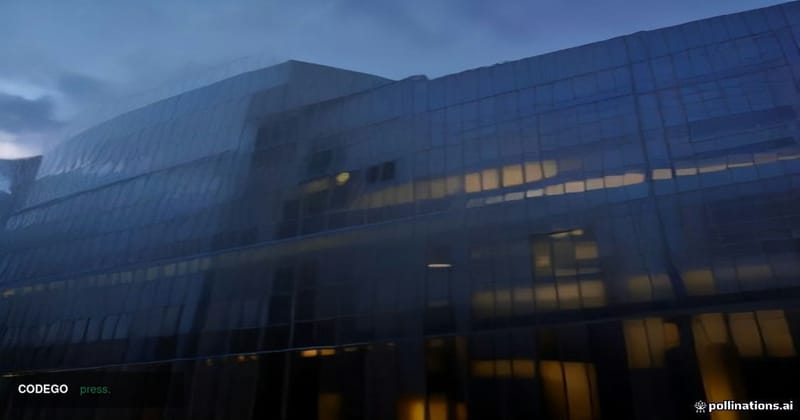 A dramatic low-angle cinematic shot of a modern glass-and-steel financial exchange building at dusk, its reflective facade ca