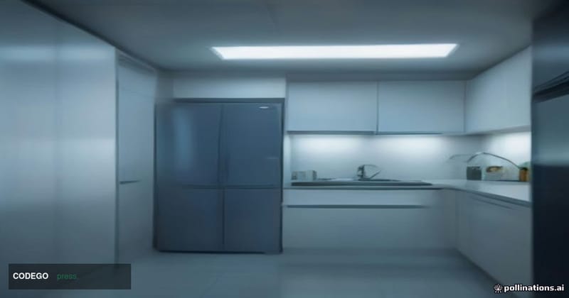 A cinematic editorial photograph of a modern smart kitchen interior, shot from a low angle looking up toward a large stainles