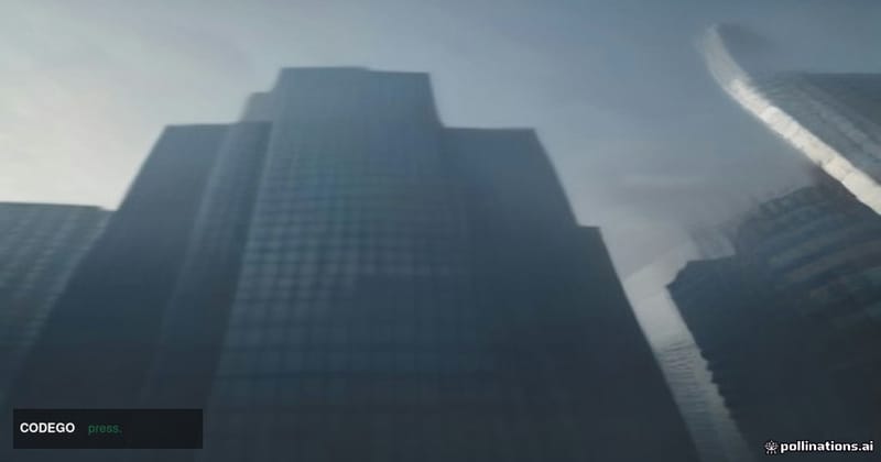 A cinematic editorial photograph shot from a low angle looking up at two imposing glass-and-steel courthouse facades side by 