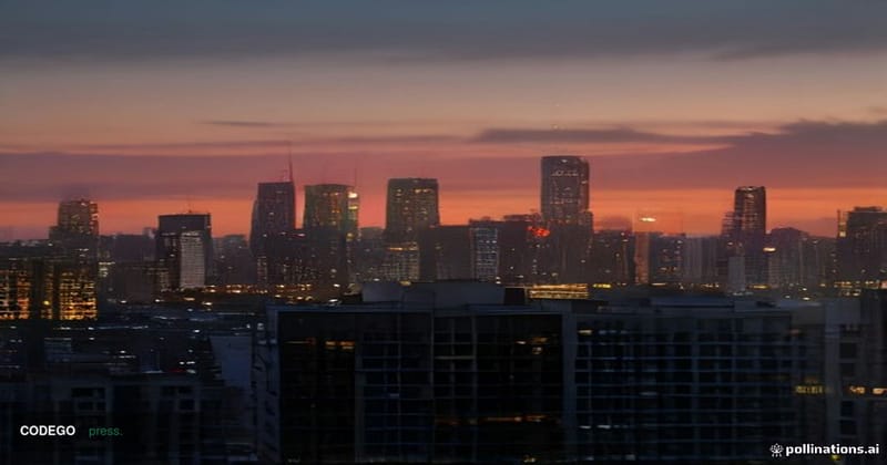 A cinematic editorial photograph shot at golden-hour dusk over Bogotá's financial district skyline, with the glass-and-steel 