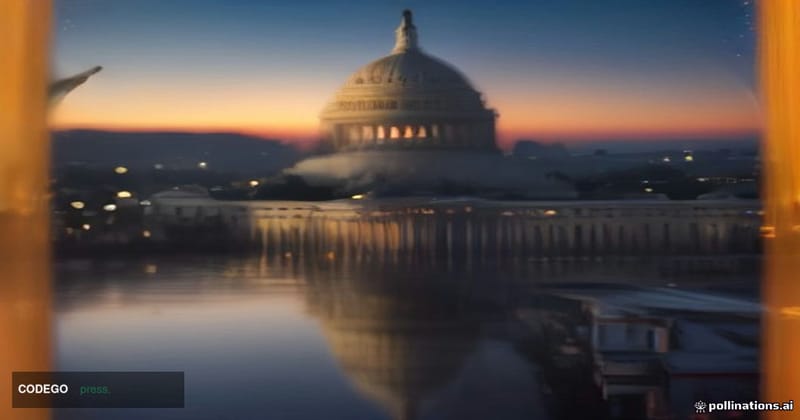 A wide-angle cinematic shot of the United States Capitol building at dusk, its neoclassical dome bathed in warm amber light f