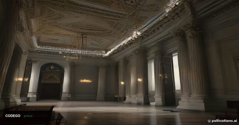 A dramatic cinematic editorial photograph taken inside a grand Irish governmental conference hall in Dublin, modeled on the n