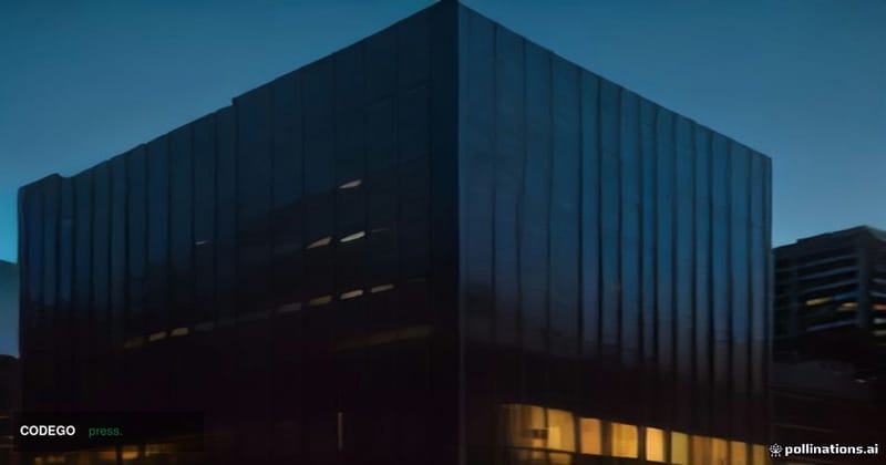A cinematic editorial photograph of a sleek glass-and-steel San Francisco technology office exterior at dusk, representing a 