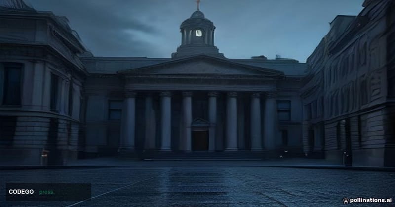 A dramatic cinematic wide-angle shot of the Central Bank of Ireland's historic neoclassical Dame Street headquarters in Dubli