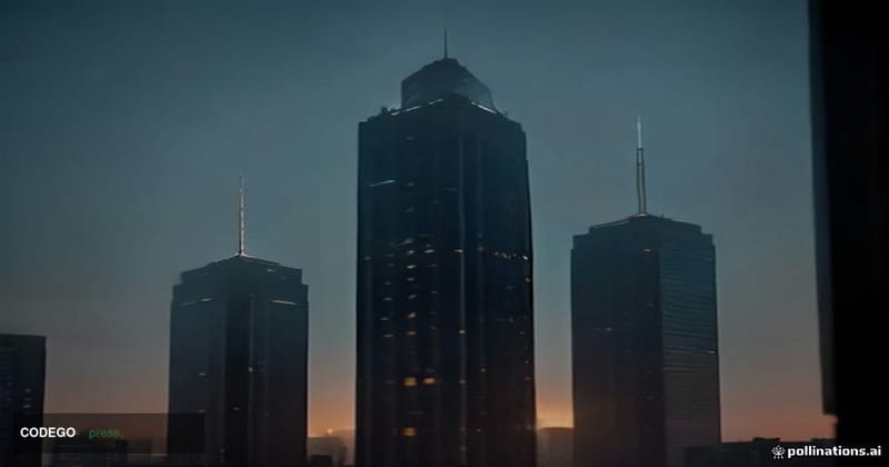 A dramatic cinematic editorial photograph of a sleek modern financial technology office building in Mumbai, India, at dusk, w