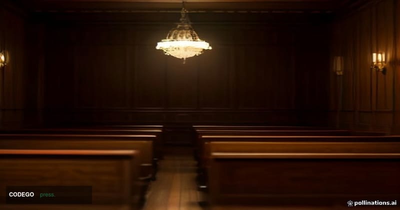 A cinematic editorial photograph set in a dramatically lit federal courtroom interior, empty wooden benches receding into sha