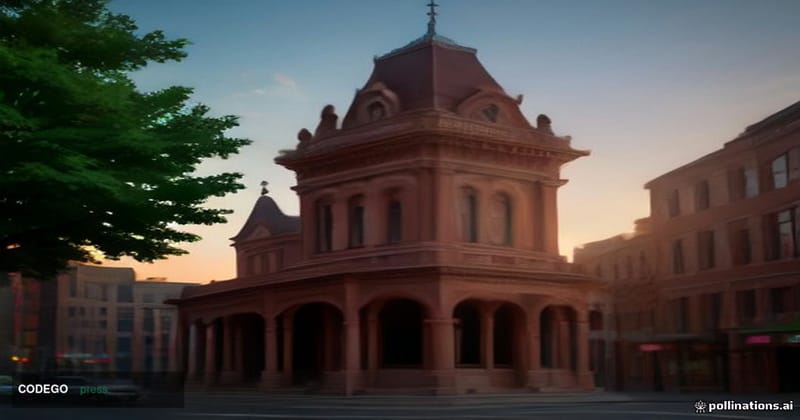 A historic red-brick community bank building on a quiet American Main Street at golden hour, photographed from a low wide-ang