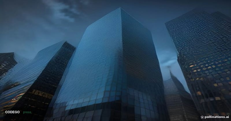 A dramatic low-angle shot of a gleaming glass-and-steel corporate headquarters tower at dusk in lower Manhattan's financial d