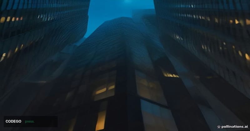 A dramatic cinematic editorial photograph shot from a low angle looking up at the glass-and-steel facade of a major financial