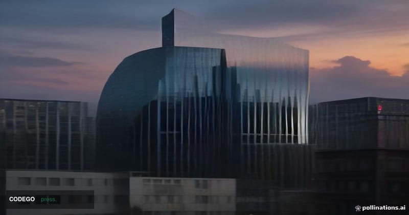 A dramatic cinematic editorial photograph set in Frankfurt, Germany, with the unmistakable glass-and-steel curves of the Euro