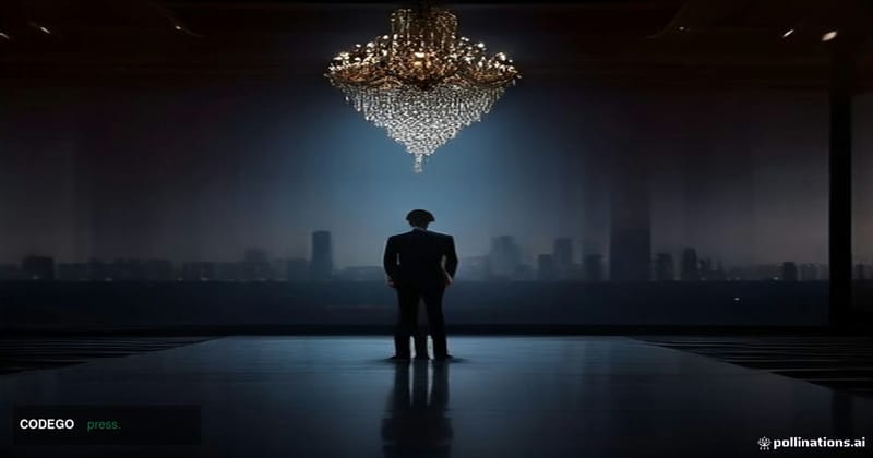 A wide-angle cinematic editorial photograph taken at dusk inside a grand conference hall in Manila, Philippines, with floor-t