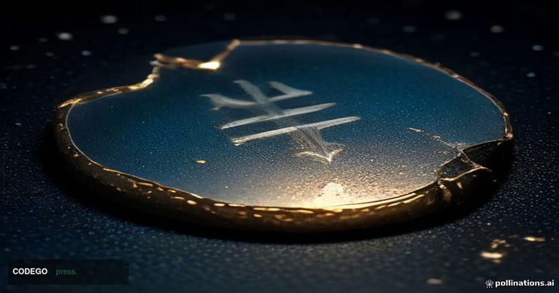 A cinematic editorial close-up of a physical Bitcoin-style gold coin resting on a dark matte surface, with a cracked glass pa