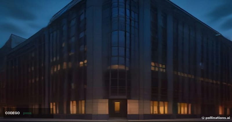 A dramatic cinematic editorial photograph of the exterior of a formal British financial regulatory office building in the Cit